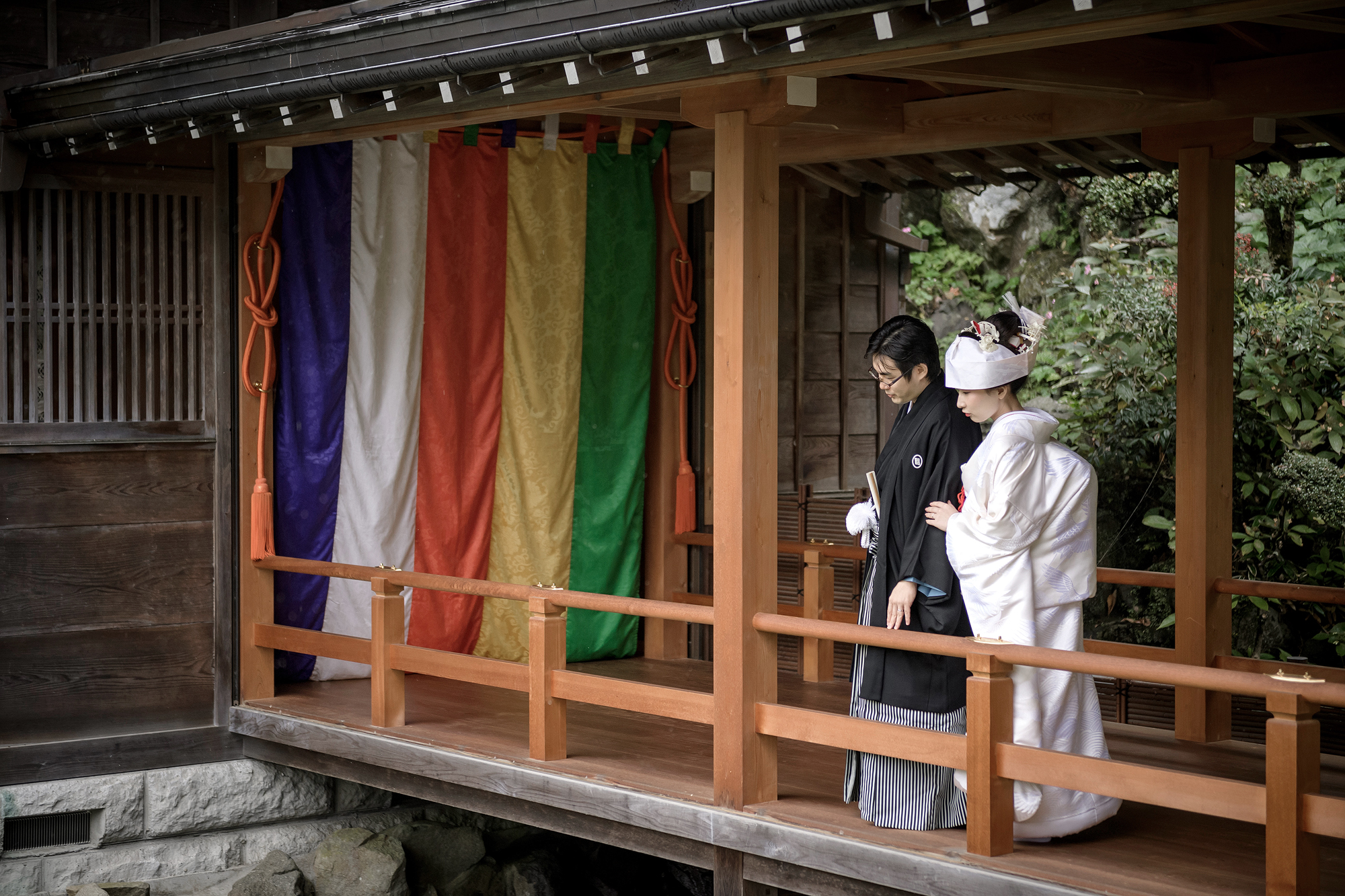 The couple in shiromuku and black montsuki walk a shrine veranda past curtains of purple, white, red, yellow and green on their Shinto wedding day.