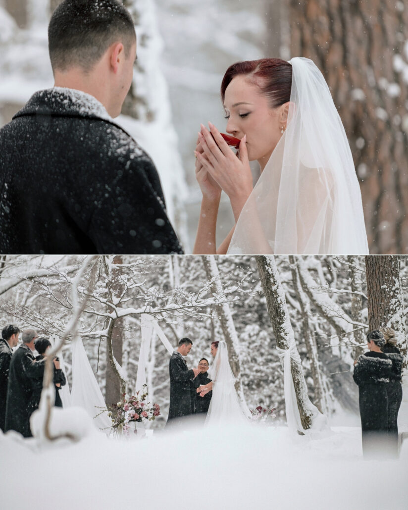 The bride sips from a small red cup during the ceremony, and a wide view of the forest wedding in Hakuba seen past a bank of fresh snow.