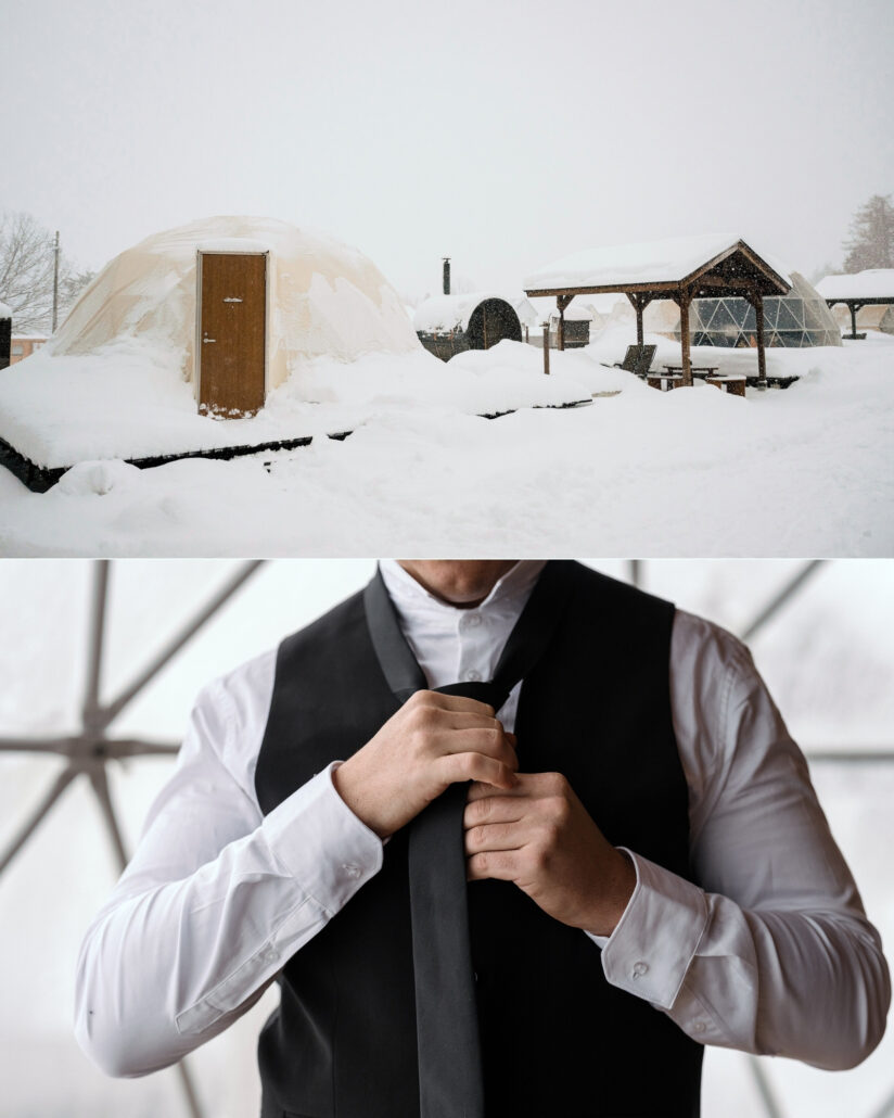 A geodesic dome sitting deep in snow, and the groom knotting his tie inside it on the morning of his winter wedding in Japan.