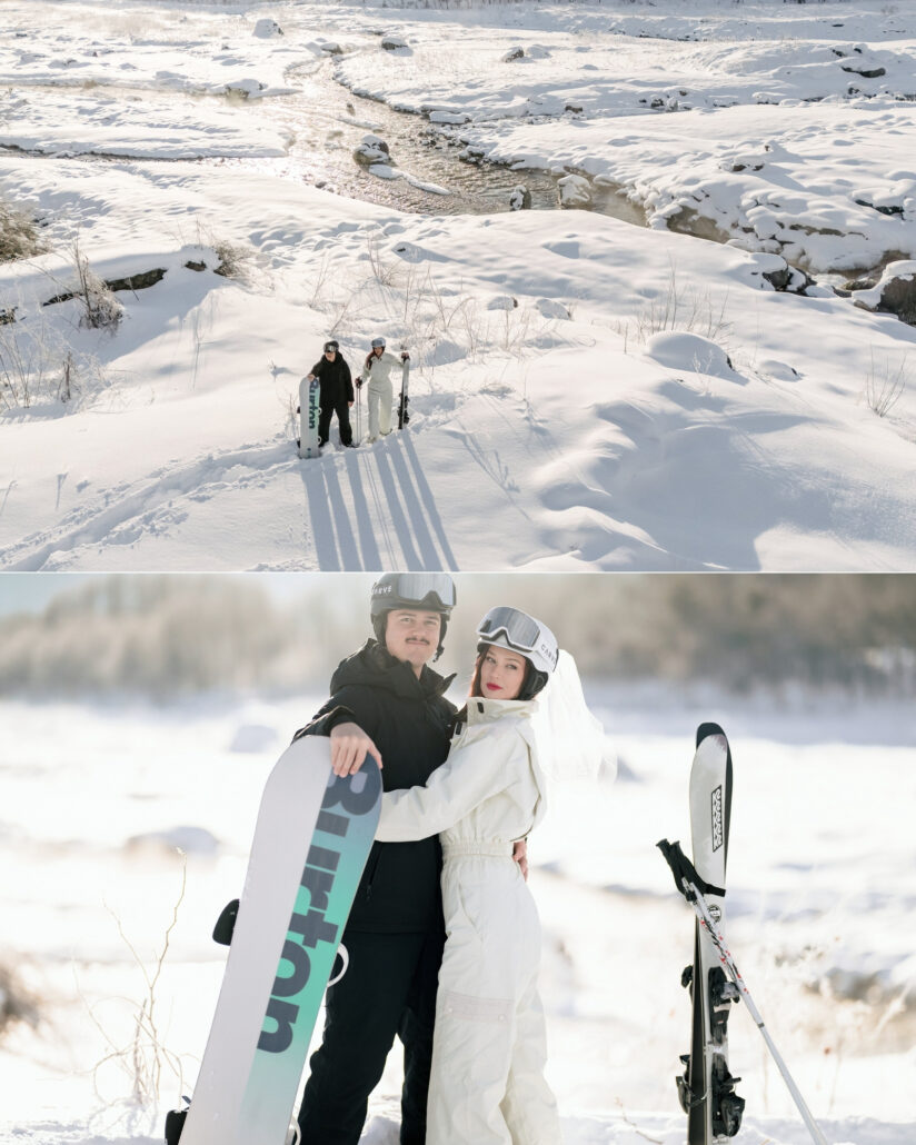 The couple small on a vast snowfield crossed by ski tracks, and the bride in a white ski suit and veil beside the groom with a snowboard.