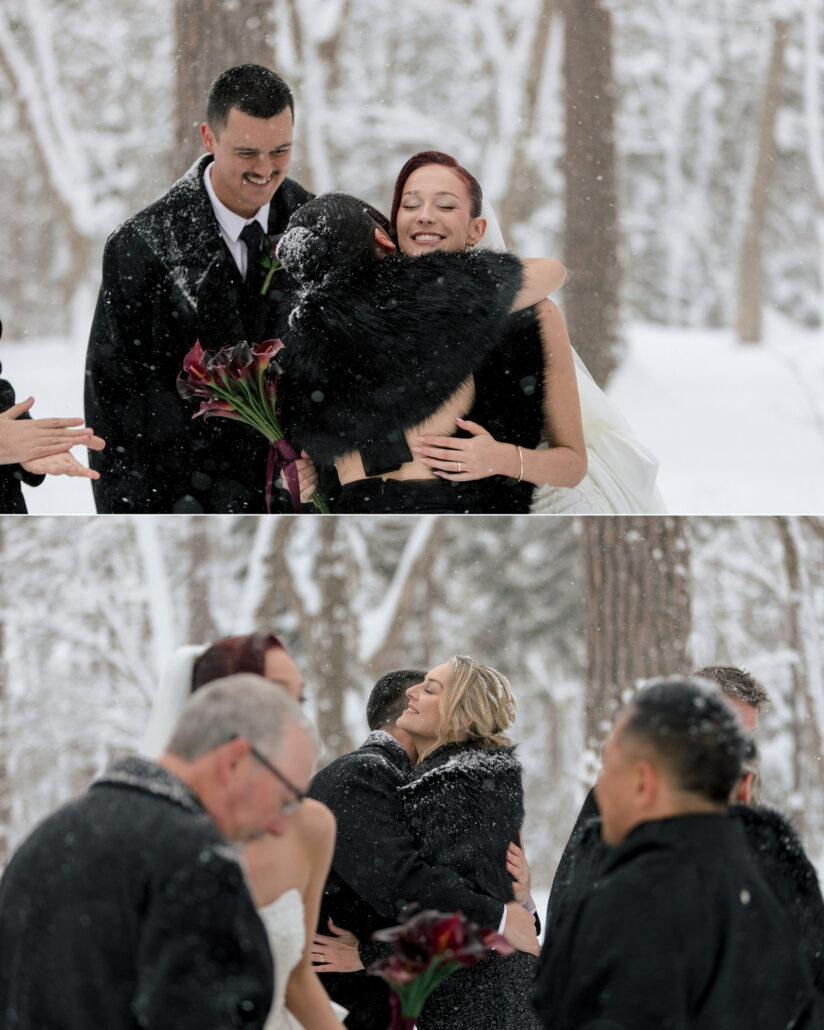 The bride hugs a guest in a fur wrap as the groom smiles beside them, and more embraces follow among guests after the forest ceremony in Hakuba.