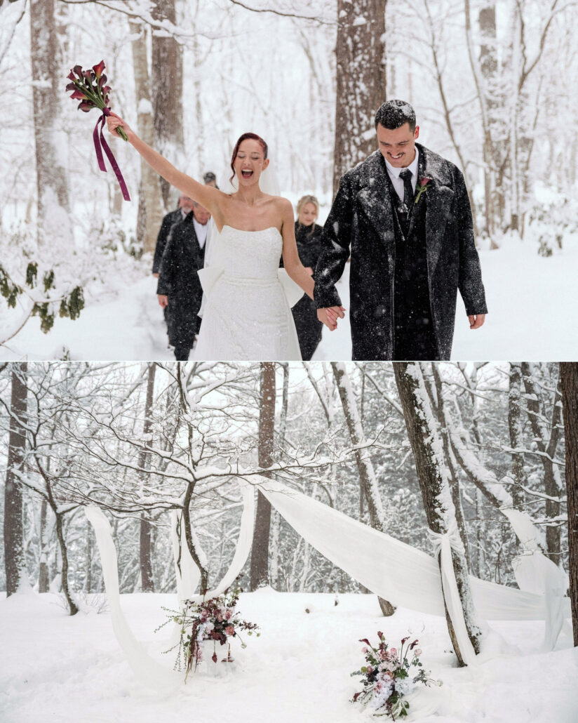The bride lifts her bouquet high as she walks out with the groom, and the empty ceremony space with white drapes and florals at their Hakuba forest wedding.