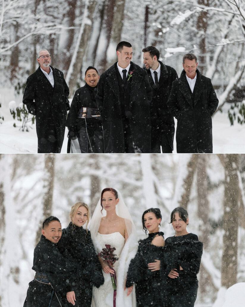 The groom with his groomsmen in black overcoats, and the bride with her bridesmaids in dark faux fur in the snowy Hakuba forest.