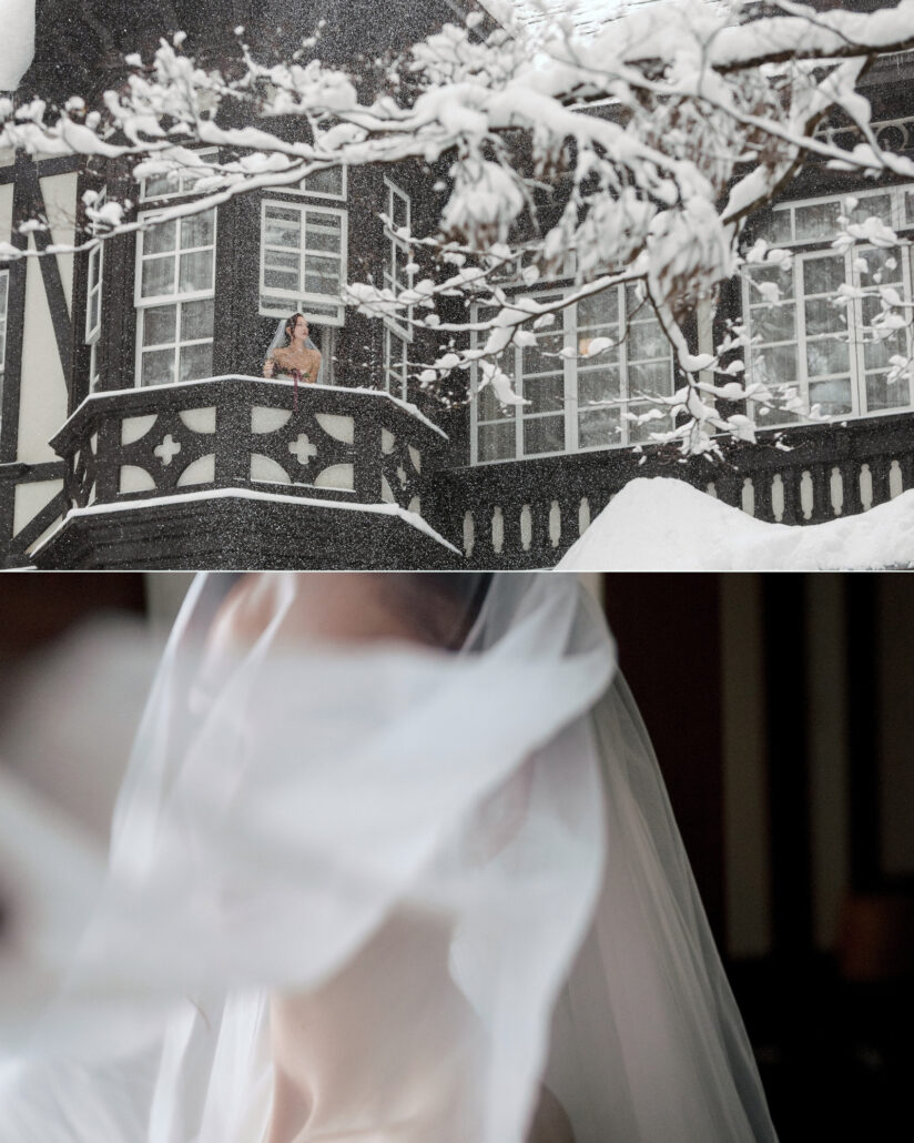 The snow laden window of a half timbered chalet in Hakuba, and a soft close view of the bride's veil as she gets ready.