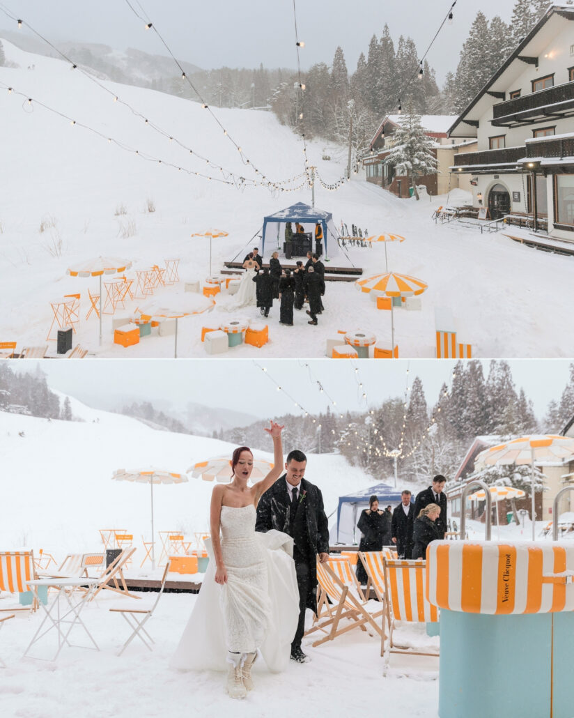 Orange umbrellas and deck chairs set out on the snowy slope for cocktail hour, and the bride dancing in her gown by the chairs.