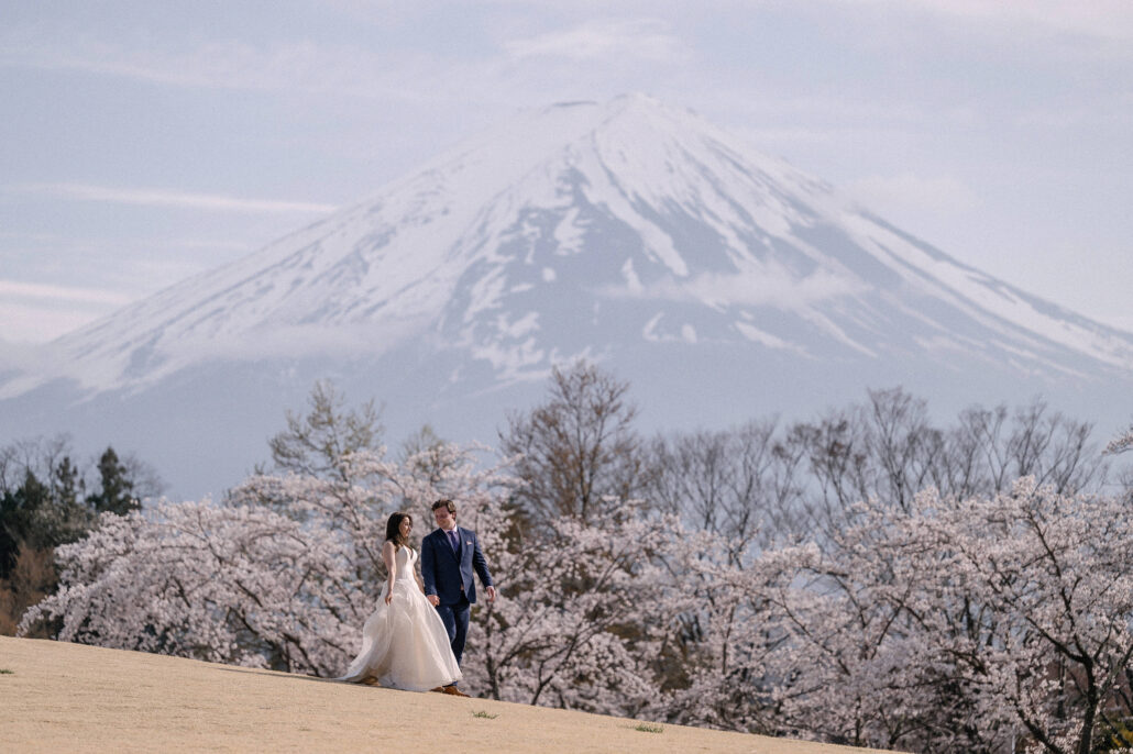 The bride and groom walk together across a grassy slope below cherry blossom and a snow-covered Mt Fuji, a sakura elopement in Japan.