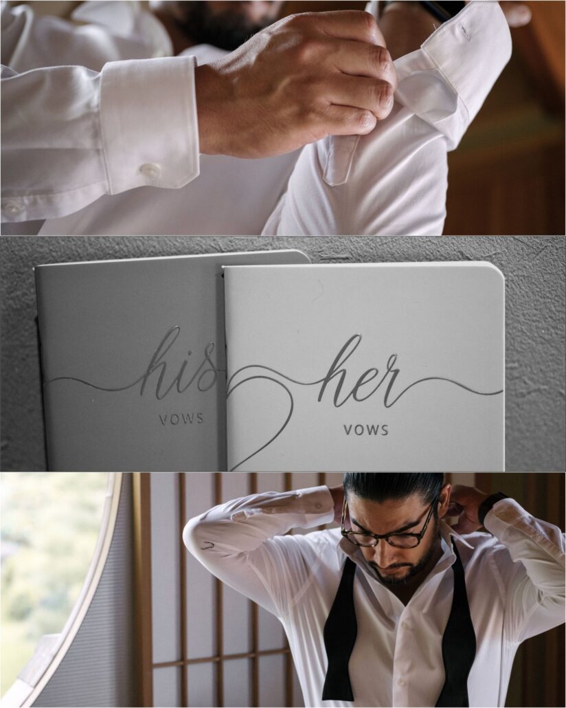The groom fastens his shirt and ties his bow tie by a round window, with letterpress vow books marked his and her, before a Nara elopement.
