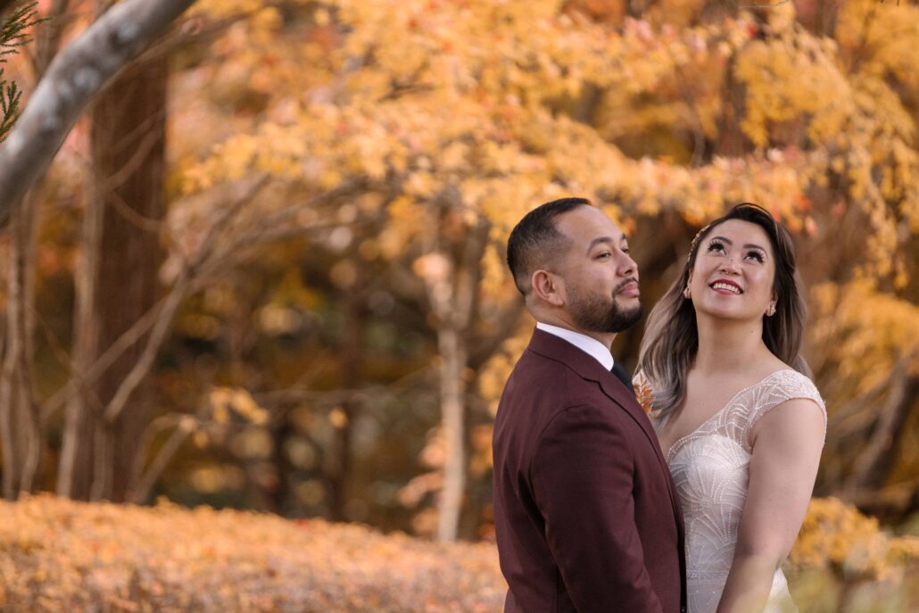 The bride looks up and laughs with the groom under golden maples.