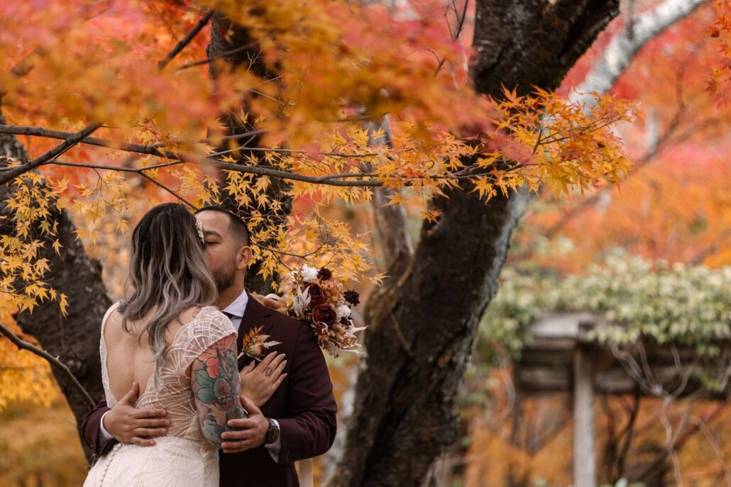 The couple kiss among red maples in full colour in late November in Kyoto.