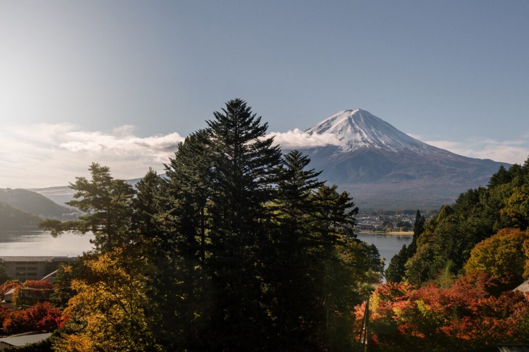 Mt Fuji stands clear above Lake Kawaguchiko on an autumn morning, red and gold leaves below the pines, on the day of an intimate wedding in Japan.