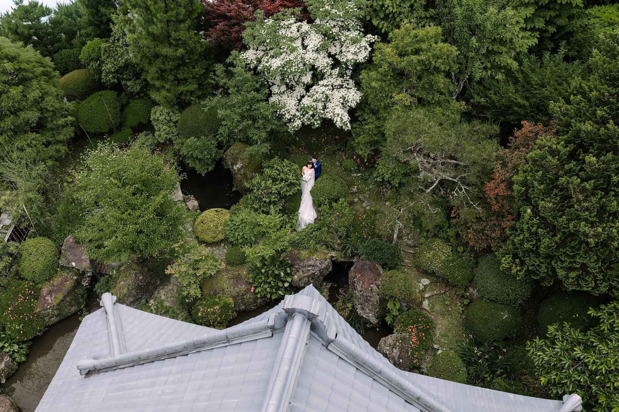 A drone looks over a grey roof into a moss and stone garden in Kosuge, the bride small under white flowering dogwood at a Nipponia elopement.