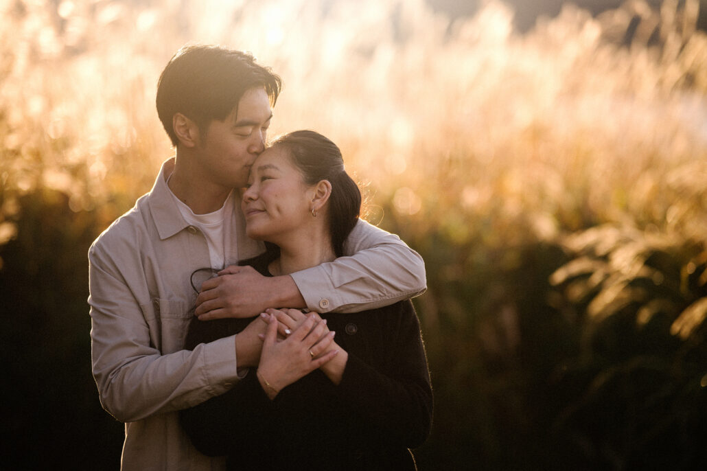 He kisses her forehead as low sun lights the silver grass gold behind them, pampas grass at Kawaguchiko on an autumn morning.