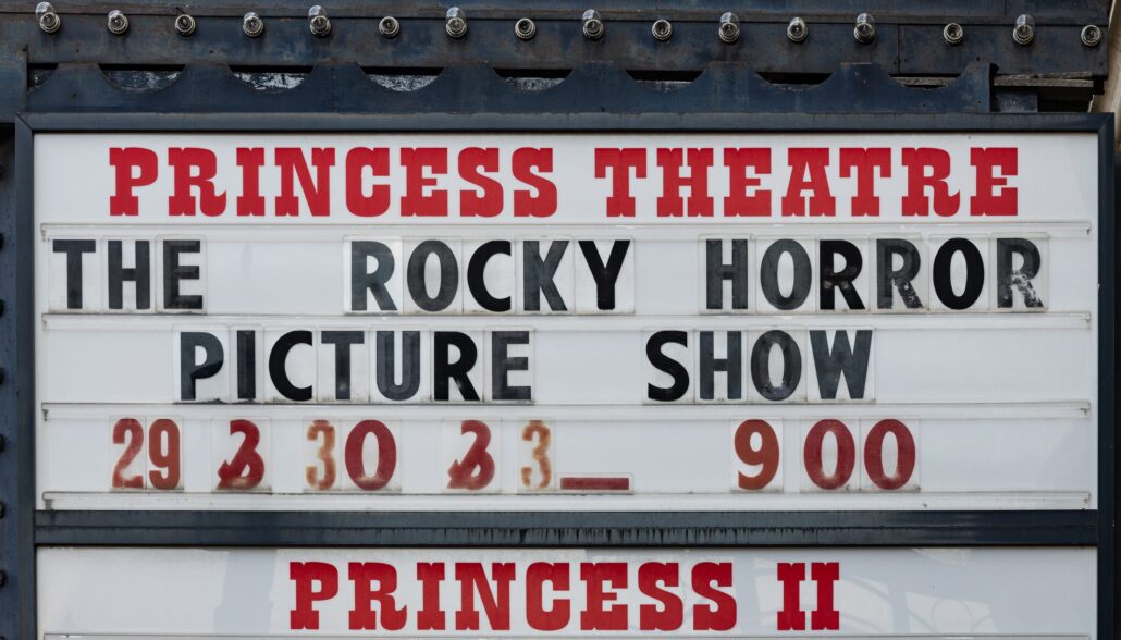 A cinema marquee in Edmonton advertising evening screenings of The Rocky Horror Picture Show.