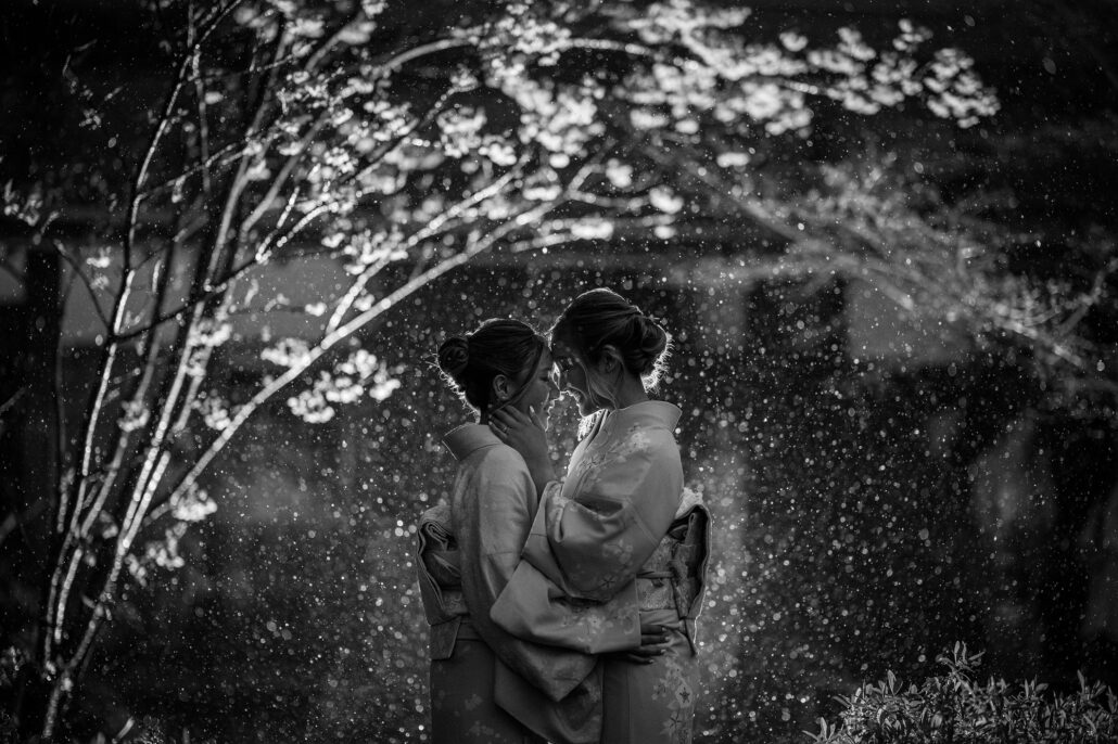In black and white, two brides in kimono rest their foreheads together beneath blossom as petals fall around them.