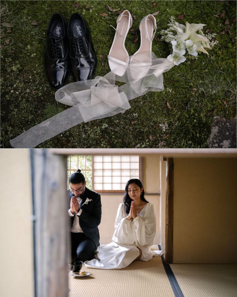 His black shoes and her heels on moss beside the bouquet, and the couple kneeling with palms together in a tatami tea room at the villa.